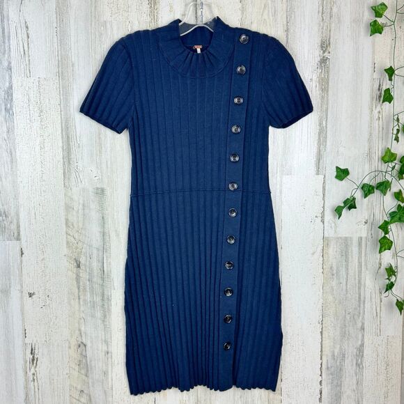 Free People Navy Rib Knit Sweater Mini Dress Short Sleeves Asymmetric Buttons S - Picture 2 of 10